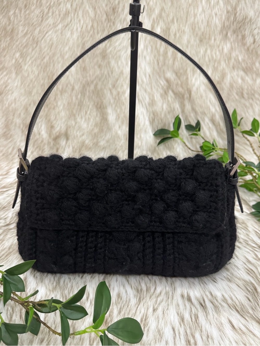 Vintage Burberry Blue Label Black Wool Knitted Shoulder Bag